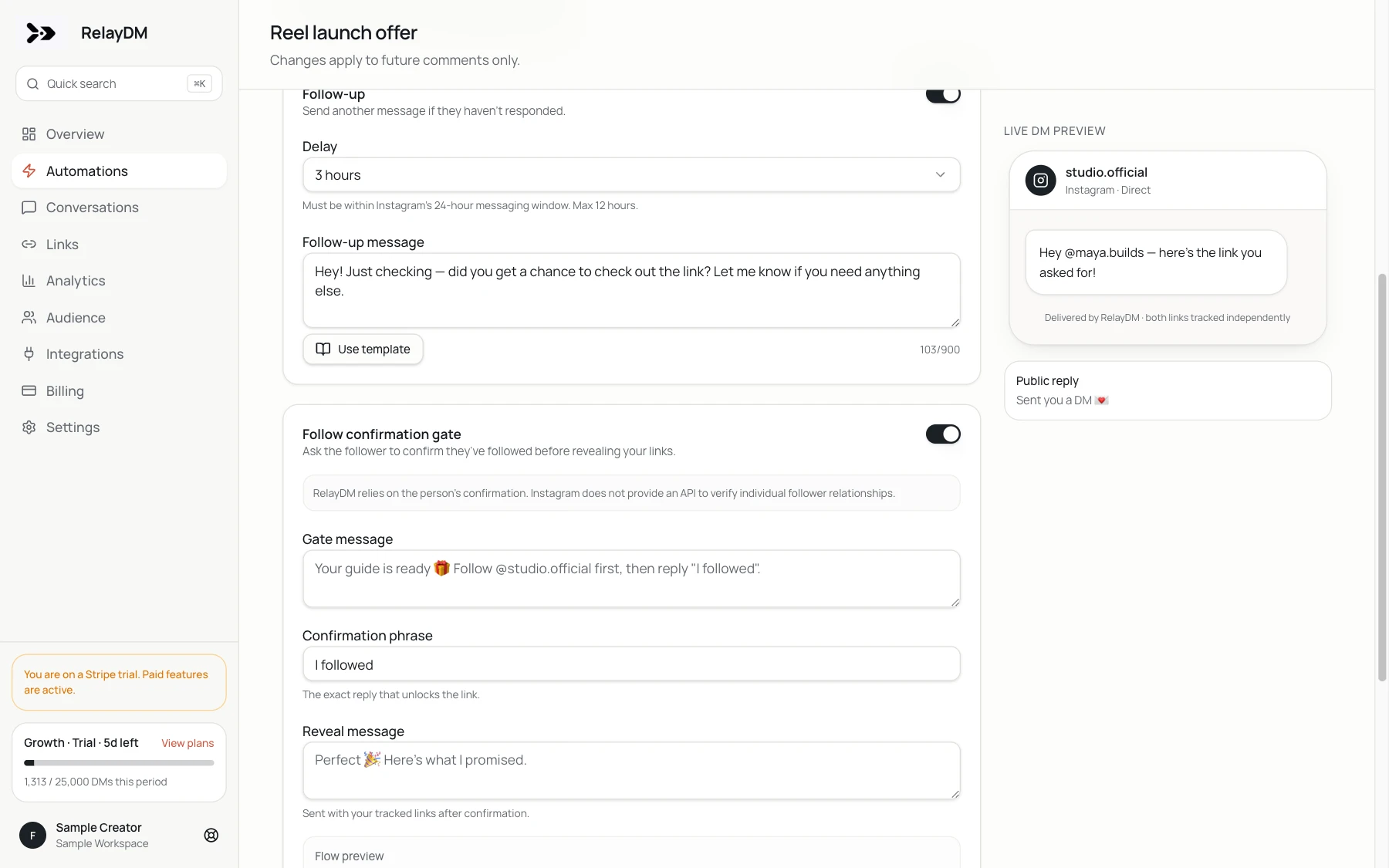 RelayDM automation builder showing a gated message journey before tracked resource delivery